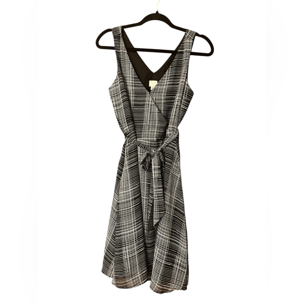 A New Day Womens Belted Dress Dress Black White Plaid V-Neck NWOT